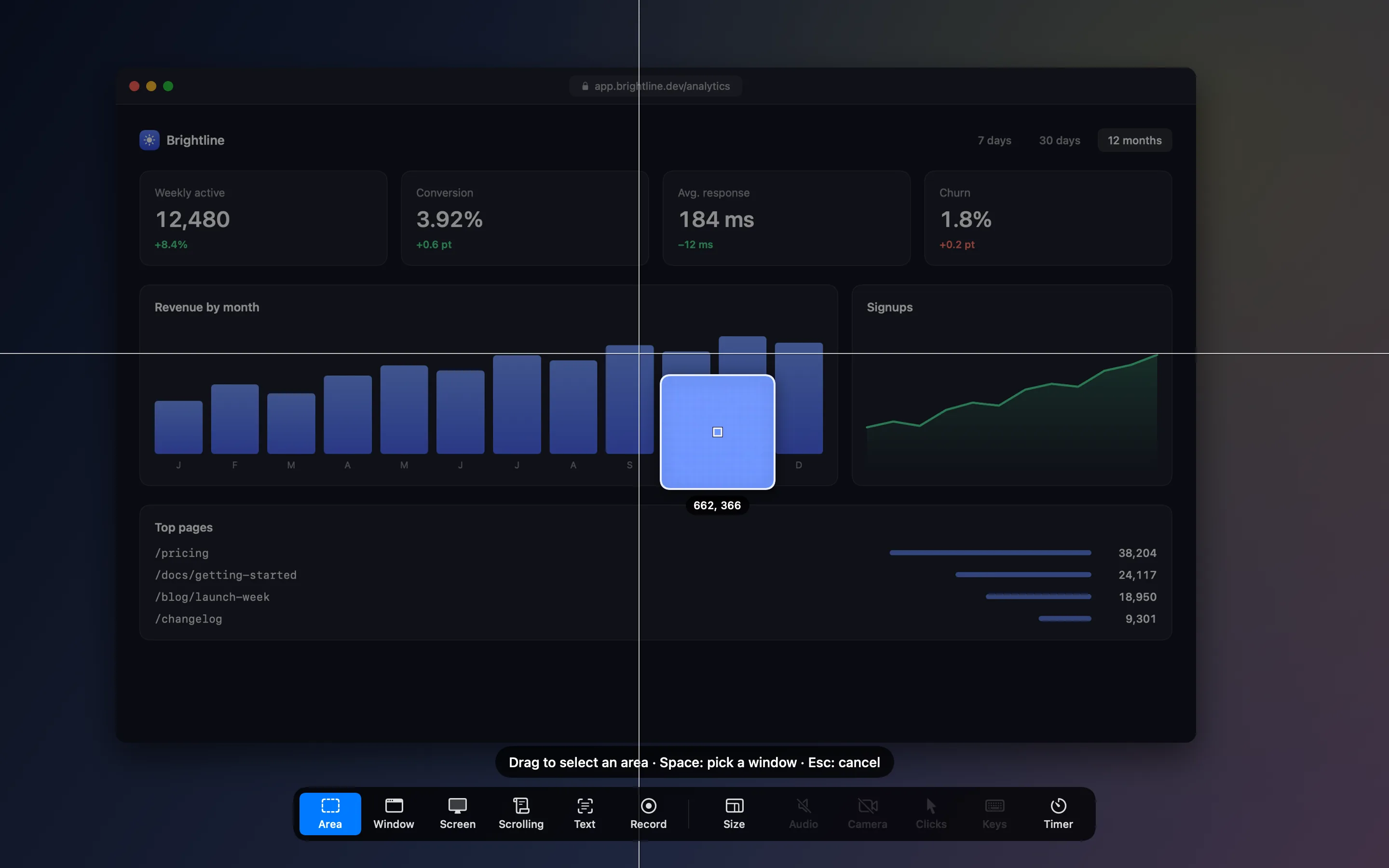 Picking an area of a dashboard with the magnifier, its size in pixels beside it, and the capture bar along the bottom
