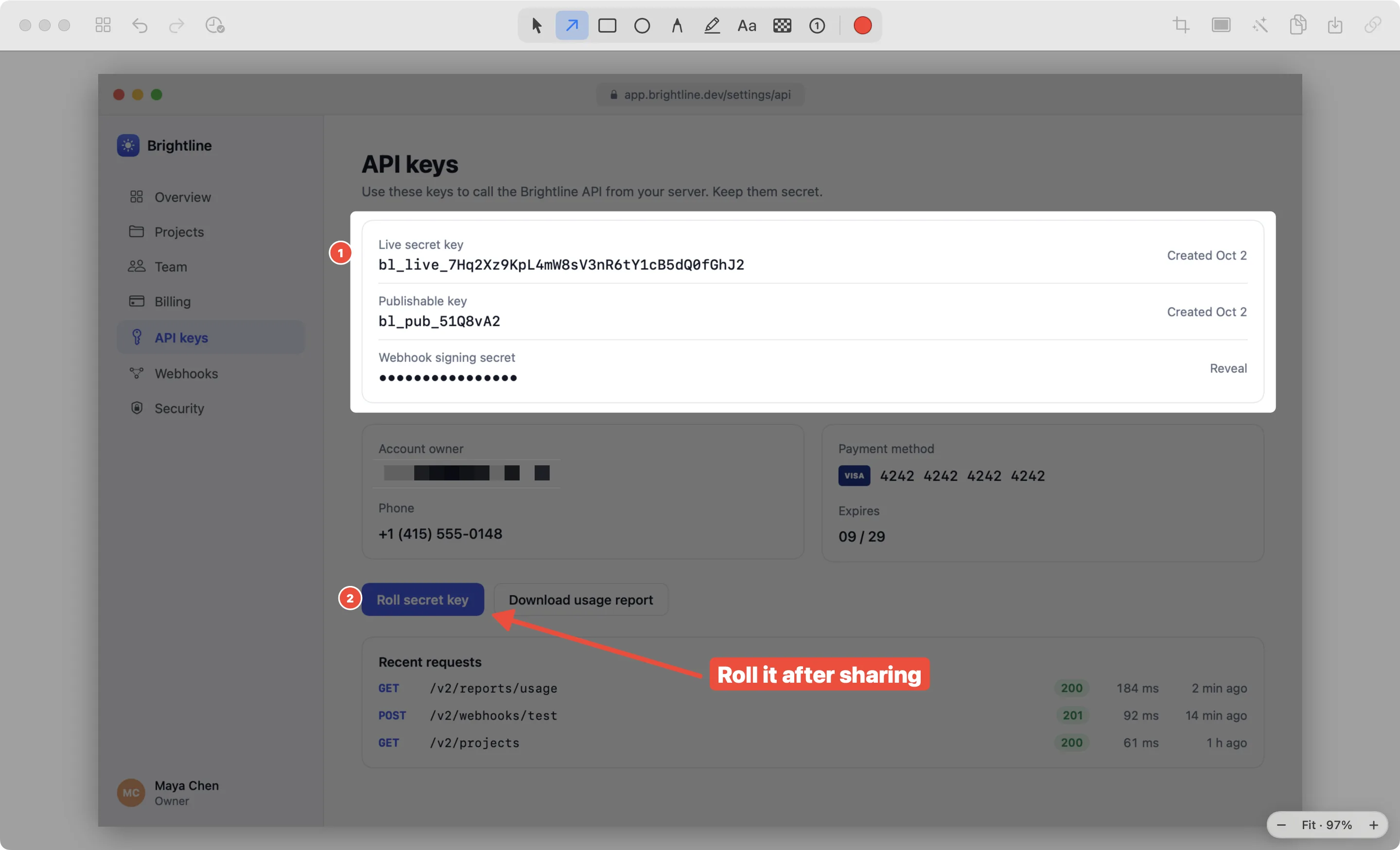The editor with numbered steps, a spotlight on the API keys, an arrow to a labelled button and a pixelated email