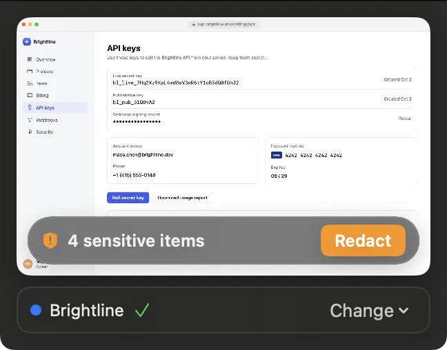 Quick Access right after a capture: 4 sensitive items, with a Redact button