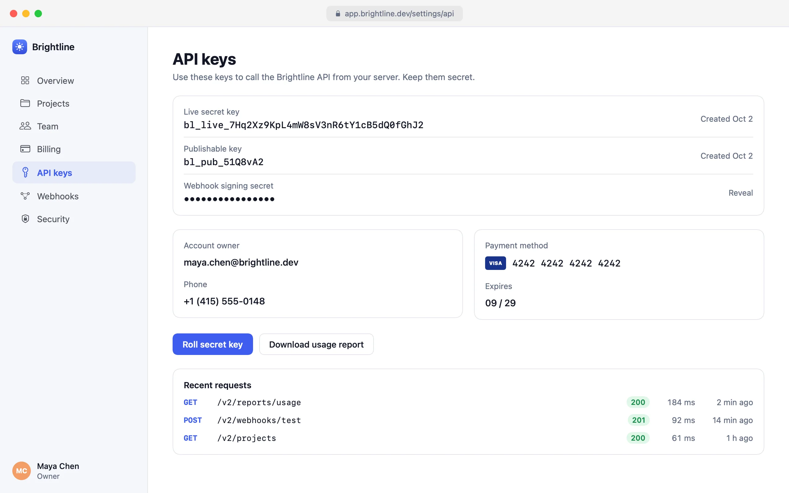 A settings page showing an API key, an email address, a phone number and a card number