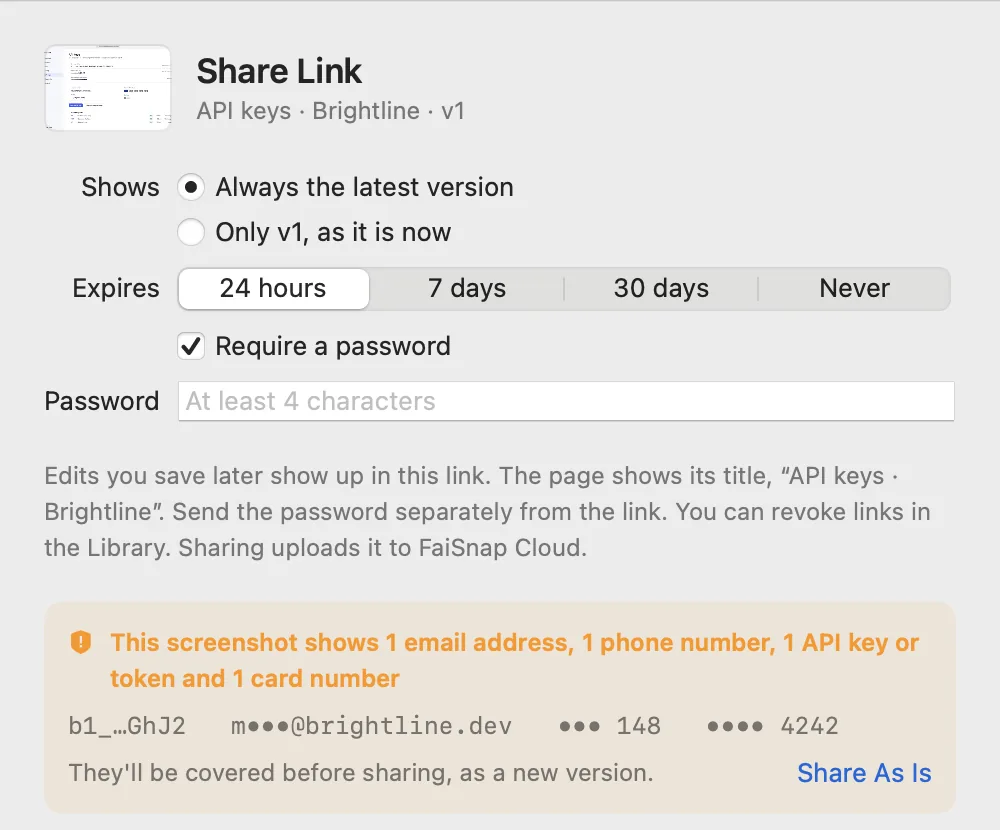 The Share Link sheet: what sensitive text it found, a password, an expiry, and Redact and Create Link